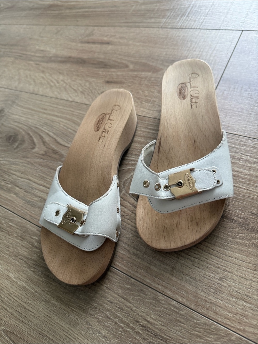 Dr. Scholl’s Original Leather Slide Sandals with Gold Buckle